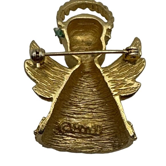 Vintage Gold Tone Angel Brooch With Red Rhinestones Accents Floral Details - Picture 5 of 9